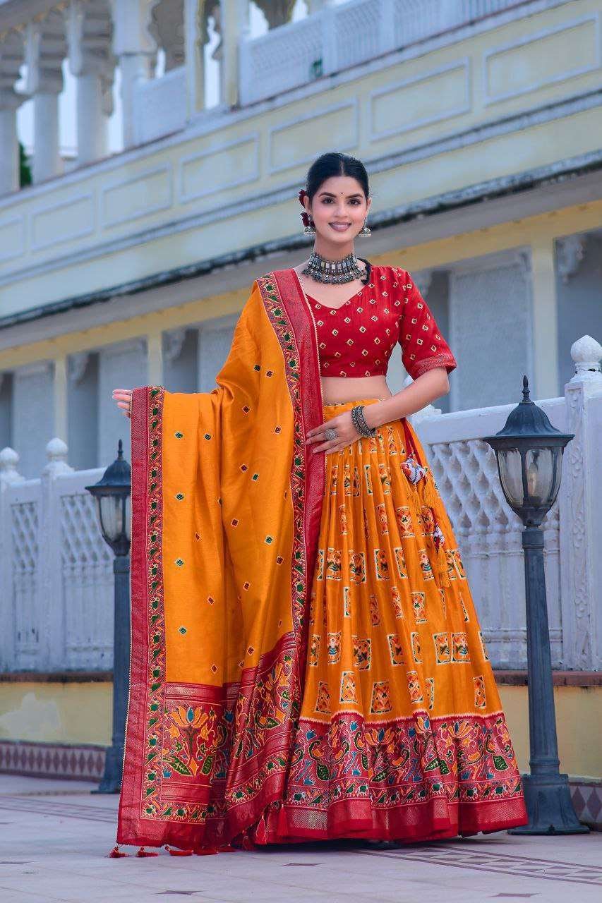 Orange Tussar Silk Lehenga Choli with Red Blouse | Bandhani Peacock & Foil Print | Wedding & Festive Wear
