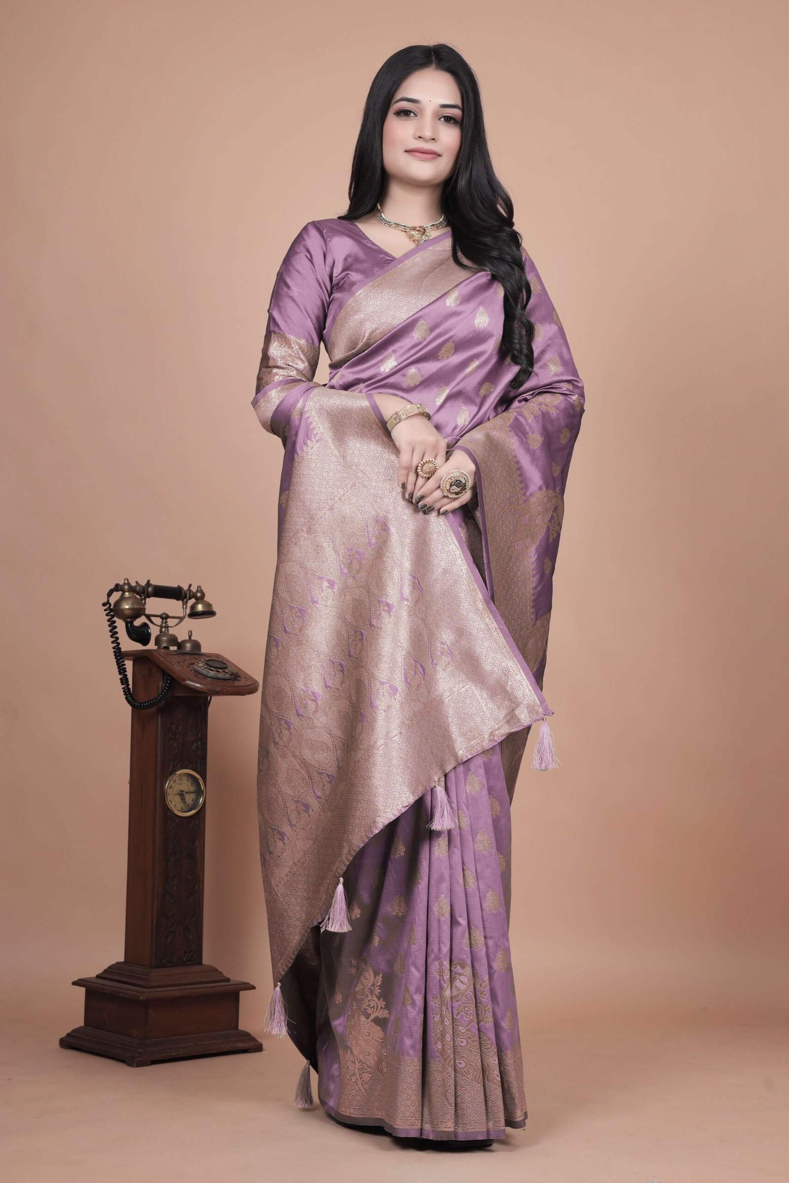 Lavender Banarasi Silk Saree with Golden Zari & Peacock Motifs | Wedding, Festive & Traditional Designer Saree